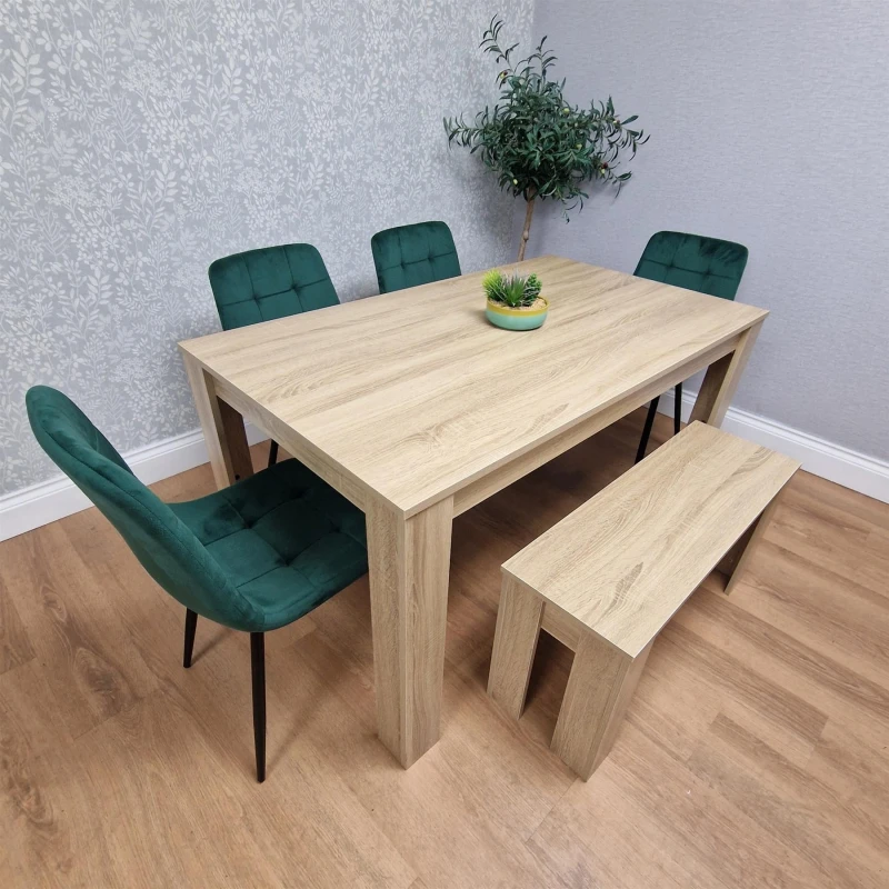 Image of KOSY KOALA Wooden Dining Table Set for 6 Oak Effect Table With 4 Green Velvet Chairs and 1 Bench Beige