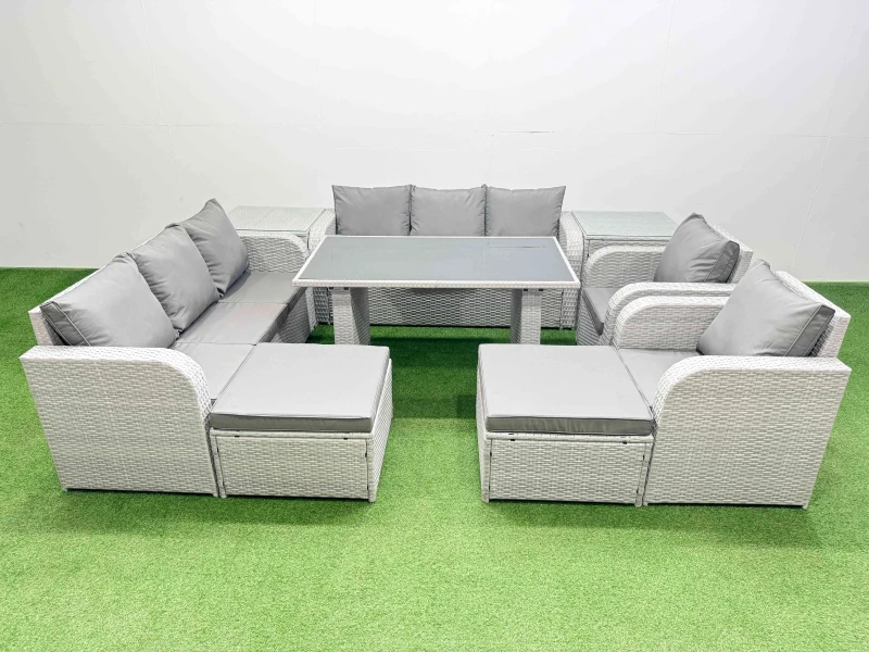 Image of Fimous 10 Seater PE Rattan Furniture Outdoor Reclining Chair Set in Light Grey Light Grey Unisex
