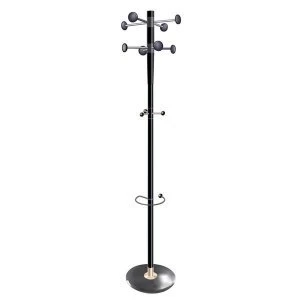 image of 5 Star Facilities Decorative Coat Stand Umbrella Holder 8 Pegs 3 Hooks Base 380mm Height 1840mm Black