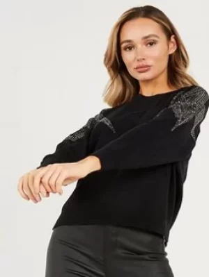 Quiz Star Diamante Knitted Jumper, Black, Size S, Women