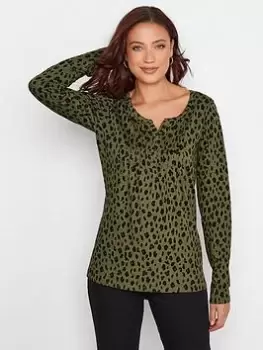 image of Long Tall Sally Khaki Animal Pintuck Henley Tee, Green, Size 12, Women