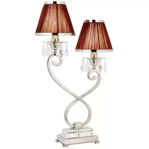 Image of Esher Luxury Twin Table Lamp Nickel Crystal Brown Shade Traditional Bulb Holder