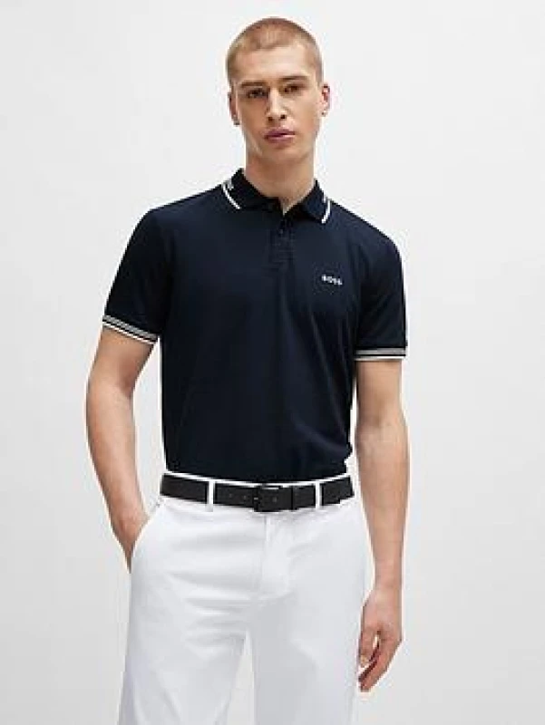 Image of Boss Mens HBG Paul Polo Contrast Striped Trim Shirt Dark Blue male L