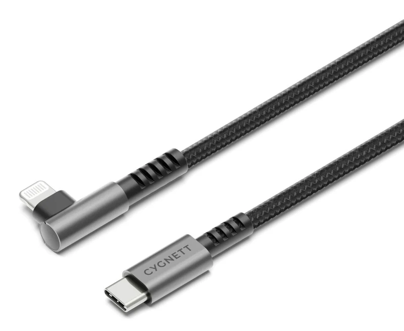 Image of Cygnett Unite Right Angle Braided Lightning-USB C 2.0 1m - Black