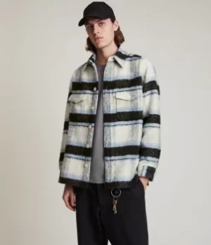 Image of AllSaints Mens Rayado Wool Blend Check Overshirt, Cream/Blue, Size: L