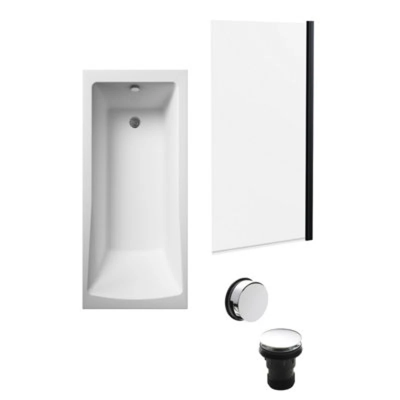 Image of Balterley Square Bath, Square Black Bath Screen and Chrome Waste 1700 x 700mm Silver