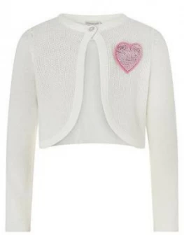 Image of Monsoon Girls Sequin Heart Badge Cardigan - Ivory, Size Age: 9-10 Years, Women