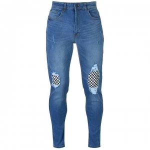 Image of No Fear Check Knee Jeans Mens - Mid Wash