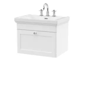 image of Nuie Classique 600mm Wall Hung 1-drawer Unit & Basin 3 Tap Holes - Satin White