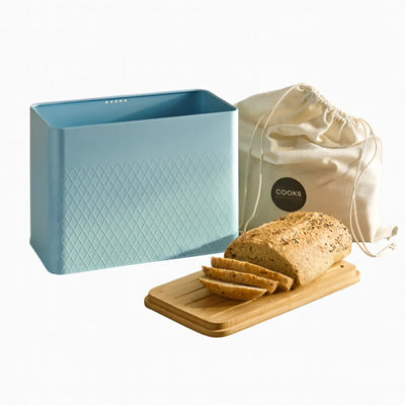 Image of Cooks Professional Diamond Pattern Bread Bin With Linen Bag & Bamboo Cutting Board Lid - Blue