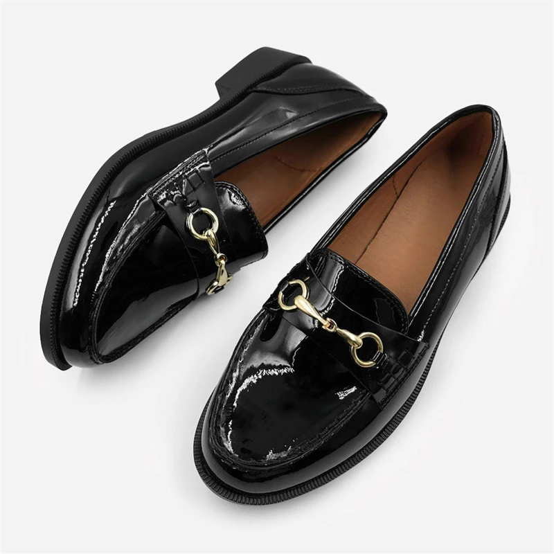 Image of Wheres That From Cielo Wide Fit Round Toe Single Metal Bar Loafers Black Patent female 5