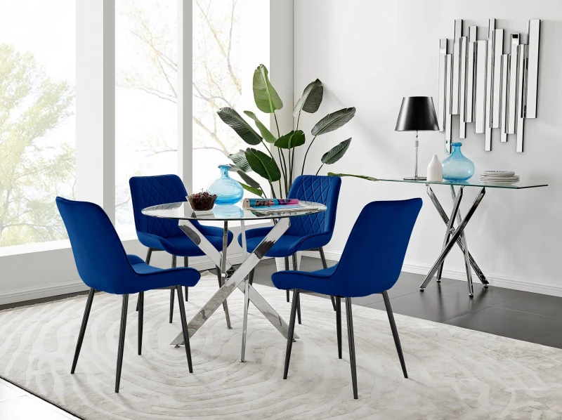 Image of FurnitureboxUK FurnitureboxUK Novara 100cm Round Dining Table and 4 Pesaro Black Leg Chairs in Navy Navy One Size Unisex 5056542663673