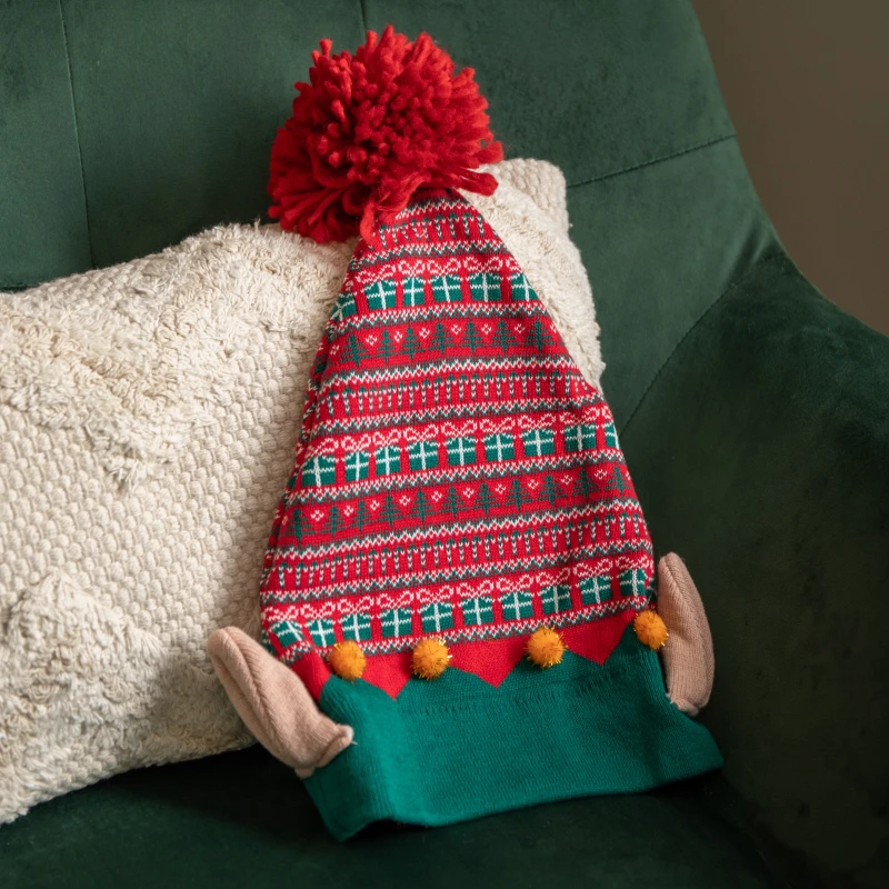 Image of Luxury Red and Green Cotton Christmas Beanie Elf Hat