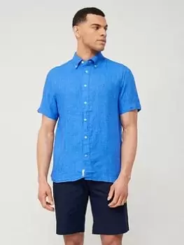 Image of Tommy Hilfiger Pigment Dyed Linen Short Sleeve Shirt - Blue, Size 2XL, Men