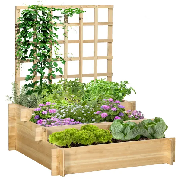 Image of Outsunny 3 Tier Garden Planters with Trellis for Vine Climbing, Wooden Raised Beds, 95x95x110cm, Natural Tone