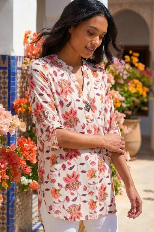Image of Roman Womens Floral Print Button V-Neck Tunic Top in Coral Size: 12 Coral Female 12