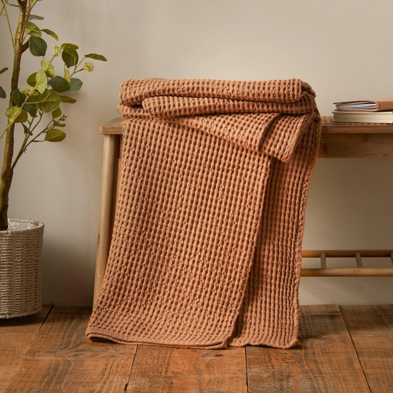 Image of Pineapple Elephant 'Jaipur Chunky Waffle' Cotton Blanket Throw Terracotta