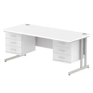 image of Impulse 1800 Rectangle Silver Cant Leg Desk White 2 x 3 Drawer Fixed