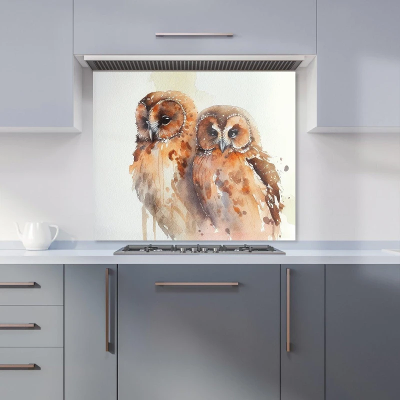 Image of Warren Reed - Designer Loving Tawny Owls Watercolour Kitchen Splashback in Brown Size: 600mm x 750mm Brown Unisex 600mm x 750mm