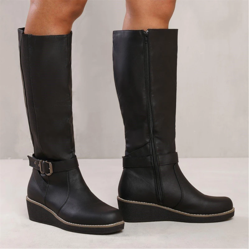 Image of Where's That From 'Ayleen' Wedge Heel Knee High Boots Black