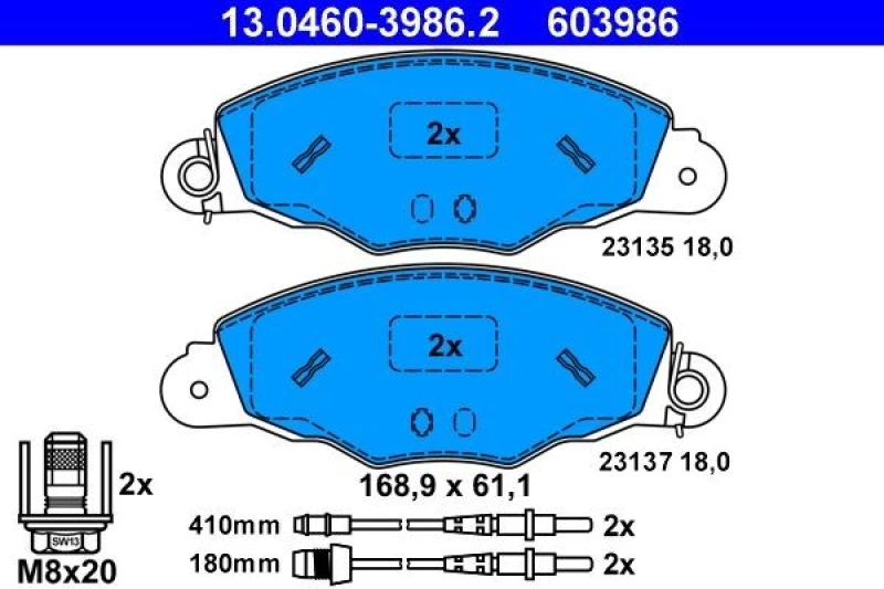 Image of ATE 13.0460-3986.2 Brake pad set incl. wear warning contact, with brake caliper screws Brake Pad Set,disc brake (402)