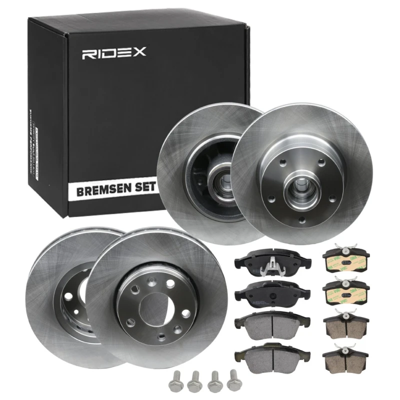 Image of RIDEX 3405B1698 Brake disc and pads set Rear Axle, Brake Disc Type: Solid, not prepared for wear warning indicator, with integrated wheel bearing Bra