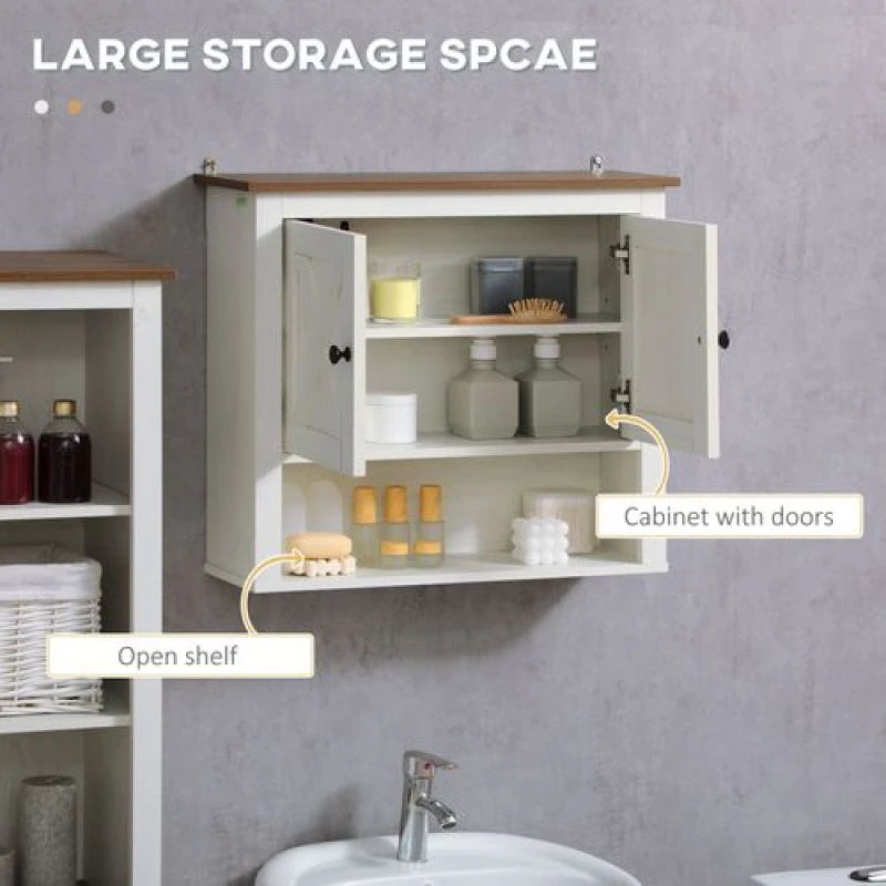 Image of Kleankin Farmhouse Bathroom Wall Cabinet with Shelves, Ash Wood-Effect White