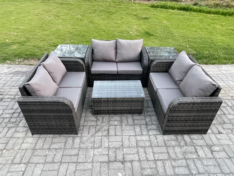 Image of Fimous Outdoor Garden Furniture Sets 6 Seater Wicker Rattan Furniture Sofa Sets with Rectangular Coffee Table Love Sofa 2 Side Tables Dark Grey