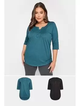 Image of Yours Yours Pintuck Henley 2 Pack - Black & Teal, Black, Size 16, Women