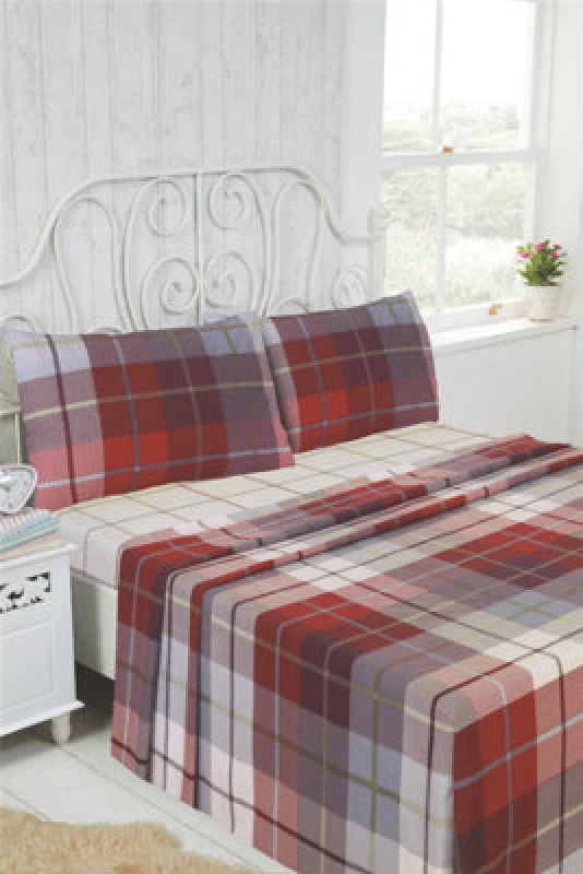 Image of Rapport Home Lomond Brushed Cotton Check Luxury Flannelette Complete Sheet Set in Red Size: Single Red Unisex Single