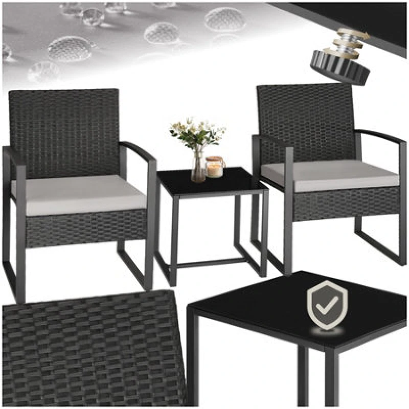 Image of Tectake Garden Table & Chairs Granada - 2 Armchairs, Coffee Table, Bistro Set - Light Grey/black