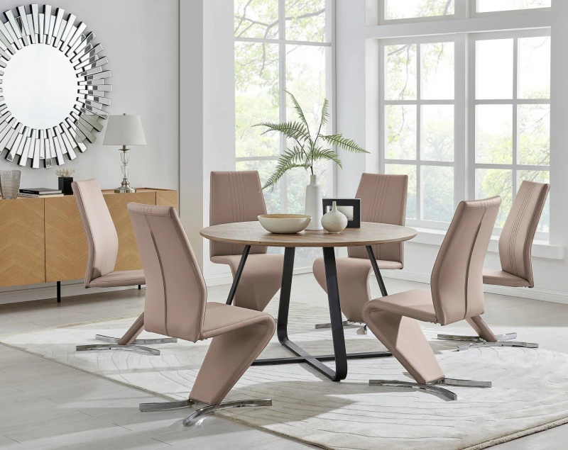 Image of FurnitureboxUK FurnitureboxUK Santorini Brown Wood Effect Dining Table & 6 Willow Chairs in Beige Beige One Size Unisex 5056657124014