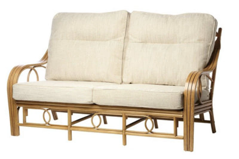 Image of Desser Madrid Light Oak Natural Rattan 3 Seater Conservatory Sofa Real Cane Indoor Sofa With UK Sewn Cushions In Jasper Fabric