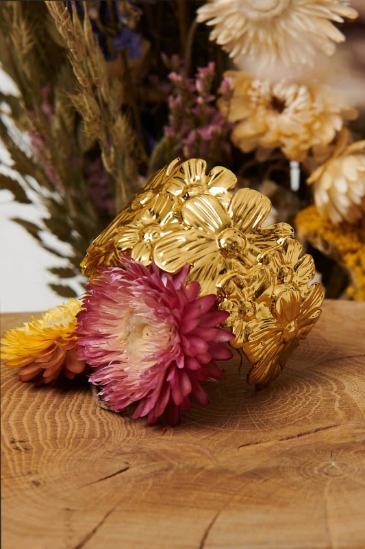 Image of Izabel London Womens Floral Textured Metallic Wide Bracelet in Gold Gold Female One Size