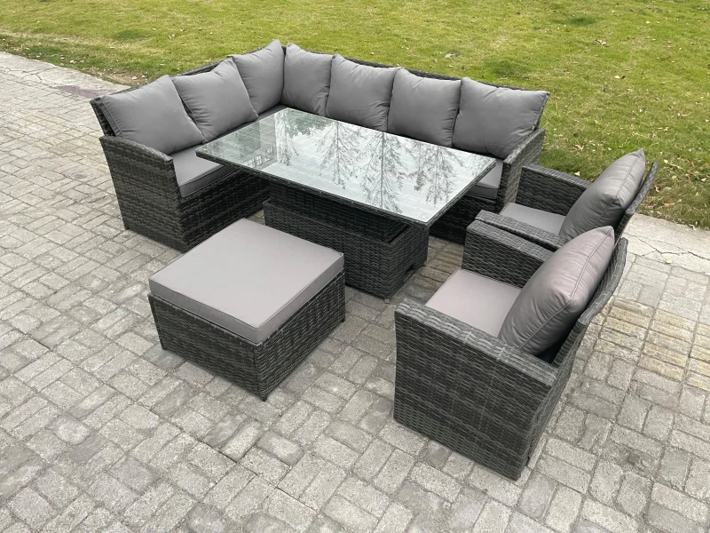 Image of Fimous Outdoor Garden Furniture Set Wicker PE Rattan Height Adjustable Rising Lifting Table Sofa Dining Set with Big Footstool 2 Armchairs Dark Grey U