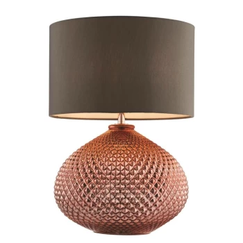 image of Endon Livia - 1 Light Table Lamp Copper Plated Glass, Grey Faux Silk, E27