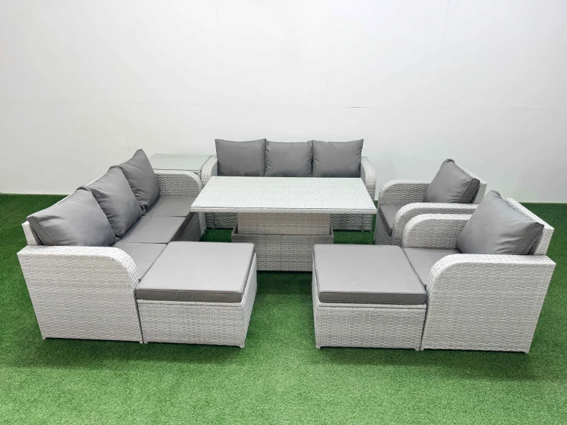 Image of Fimous PE Rattan High Back Lounge Sofa Set with 3 Seater Sofa Reclining Chair 2 Big Footstool Side Table Light Grey