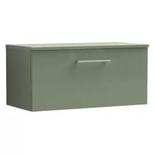 image of Nuie Arno Satin Green 800mm Wall Hung Single Drawer Vanity Unit with Worktop - ARN825W - Satin Green