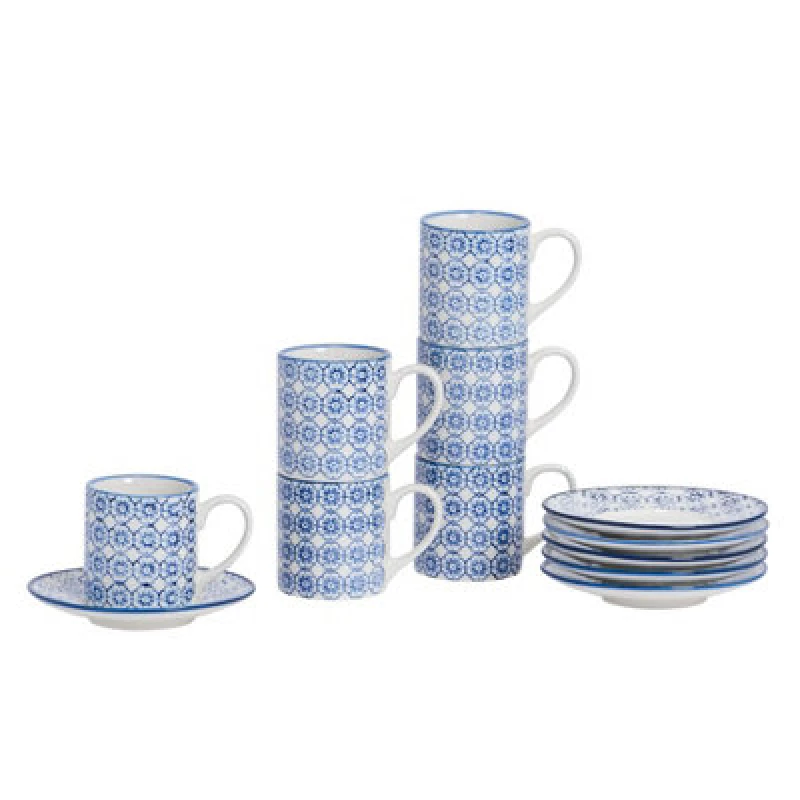 Image of Nicola Spring 12 Piece Hand-Printed Espresso Cup & Saucer Set - 65ml - Navy