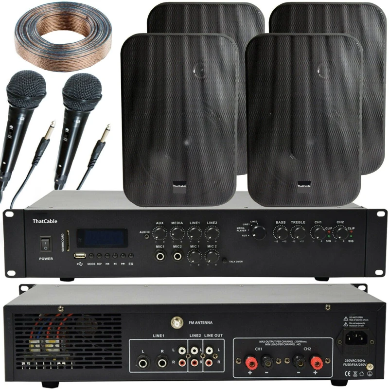 Image of Loops 400W Bluetooth Sound System 4x Black 200W Wall Speaker Karaoke Amp & Microphones Black unisex