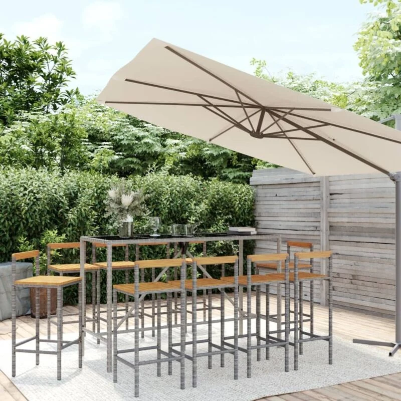 Image of VIDAXL 11 Piece Garden Bar Set Grey Poly Rattan& Solid Wood Acacia Vidaxl 3187699
