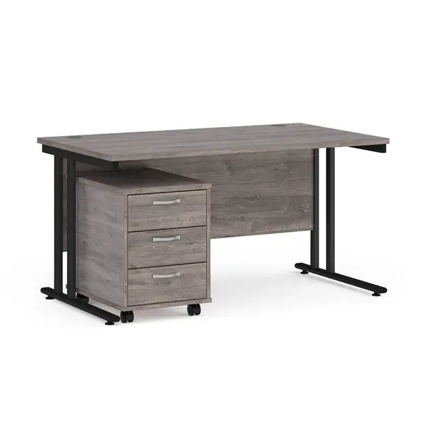 image of Maestro 25 Straight Desk Black Frame Grey Oak Table Top and 3 Drawer Pedestal - 1400mm