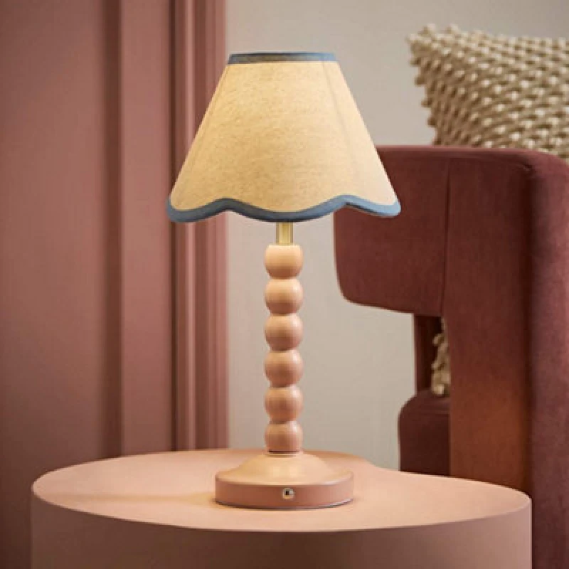 Image of Valuelights Bobble Blue Scallop Trim Shade Pink Rechargeable Wooden Table Lamp