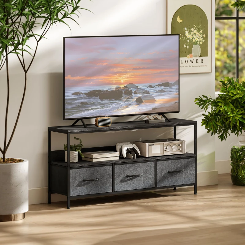 Image of HOMCOM HOMCOM TV Cabinet, TV Console Unit with 3 Foldable Linen Drawers Black One Size Unisex 5063603036284
