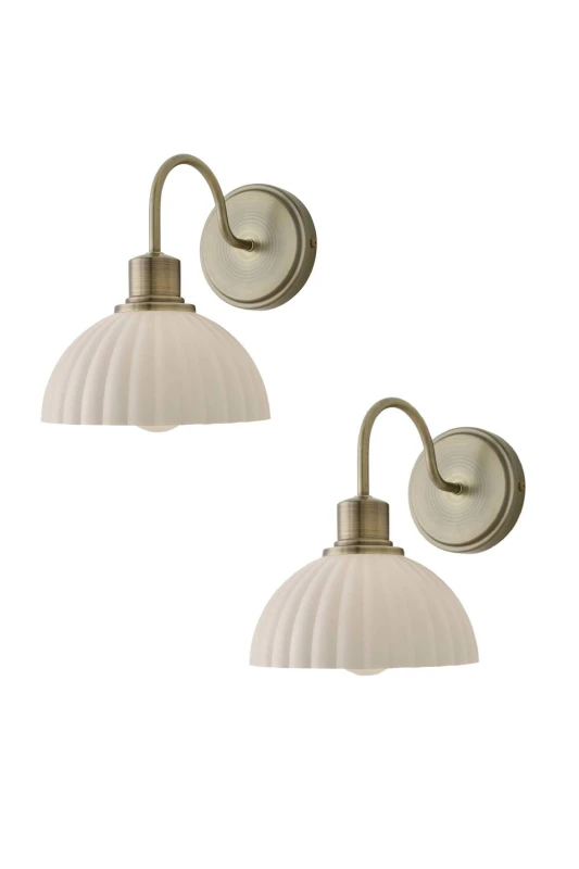 Image of ValueLights Bourton Pair of Cream Ribbed Dome Wall Lights & Bulbs in Gold Gold Unisex