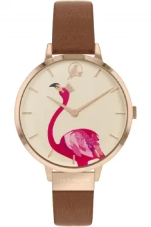 Sara Miller Piccadilly Ladies Tan Leather Strap Flamingo Crown Dial Watch SA2078