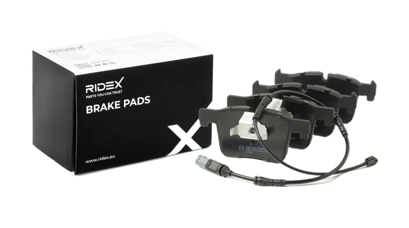 Image of RIDEX 402B2343 Brake pad set Front Axle, prepared for wear warning indicator, Photo corresponds to scope of supply, with piston clip Brake Pad Set,di