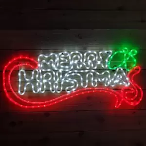 102 x 44cm Merry Christmas Red & White Rope Light Silhouette with Flashing Green Holly Leaves