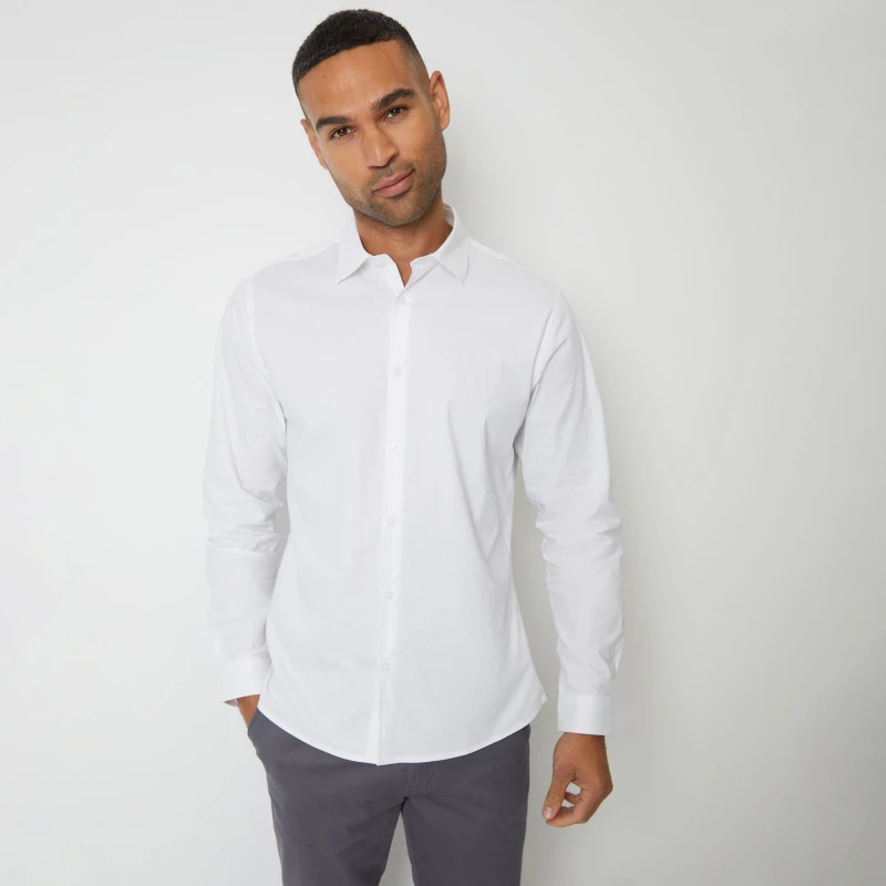 Image of Threadbare 'Wymott' Cotton Long Sleeve Shirt With Stretch White