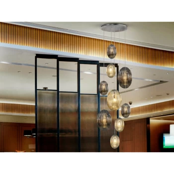 Image of Schuller Ovila Modern Cluster Dimmable 9 Light LED Pendant Light, Oval Cognac & Smoke Grey Shades. Remote Control